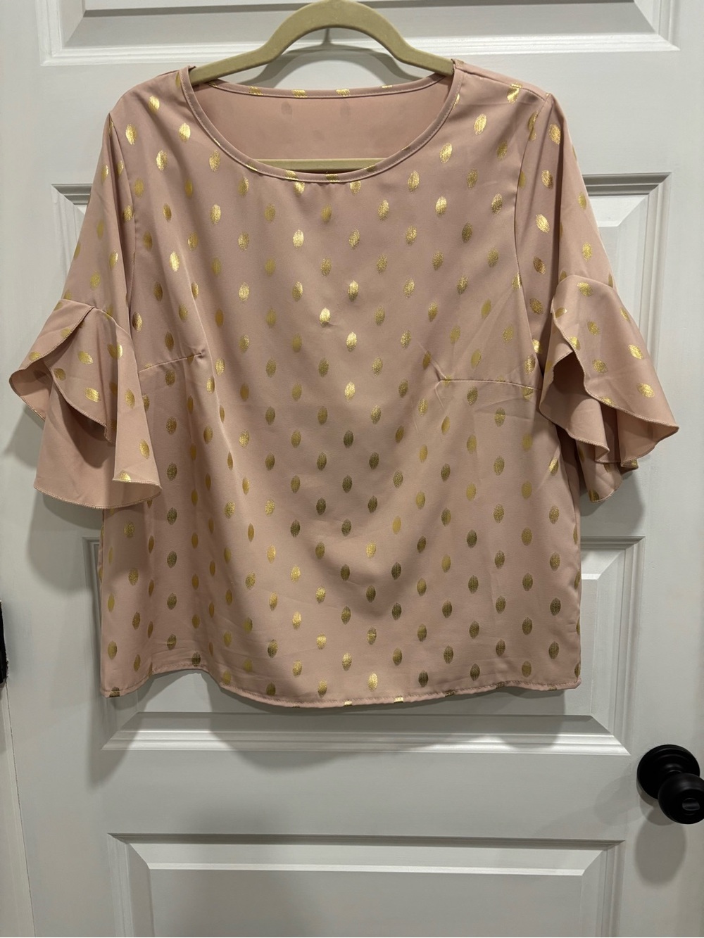 SHEIN Blush Pink Ruffle Sleeve Blouse with Gold Dot Print